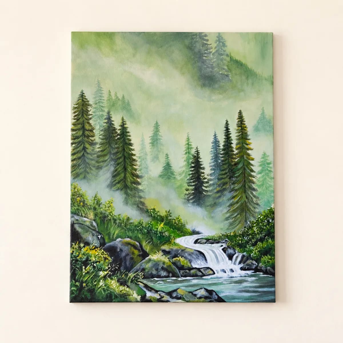 Misty Forest Waterfall – Original Acrylic Painting acrylic on canvas painting close-up texture & brushwork by Amanpreet Kaur - Detail 3